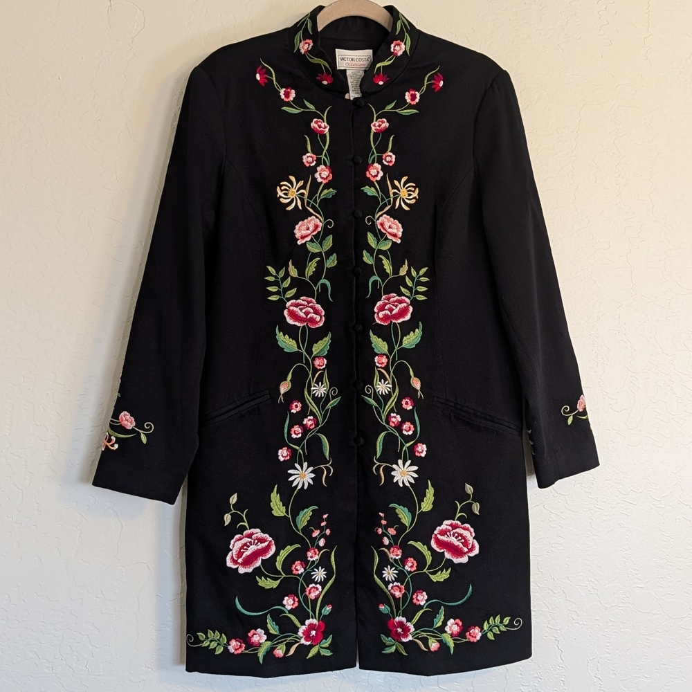 VTG 90s Victor Costa Occasion Black Floral Embroidery Duster Jacket Boho Cottage - Picture 2 of 11